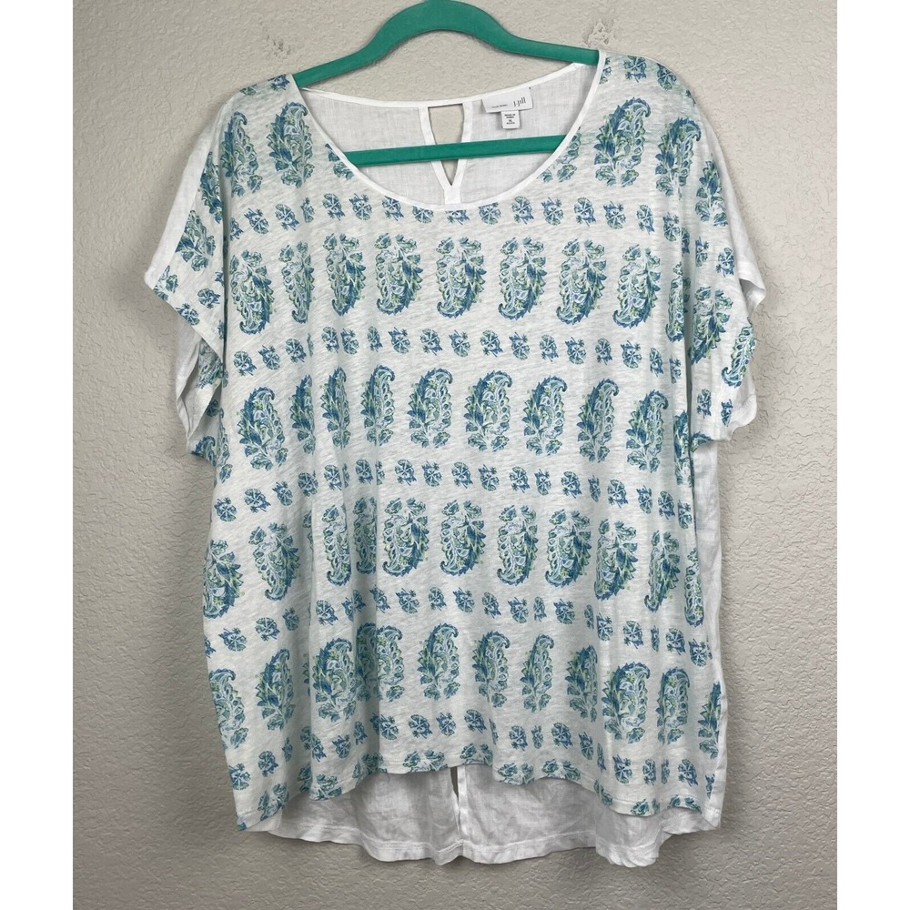 J. Jill Love Linen Top Womens XL Petite Shirt Paisley Floral Short Sleeve Beachy